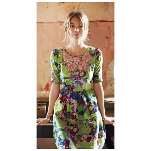 Anthropologie Peter Som Elizabeth Silk Postcard Dress Fit Flare Floral G… - Picture 1 of 11